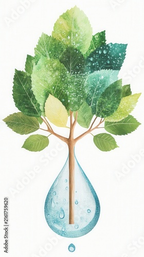 Tree with Leaves and Water Droplets Symbolizing Growth and Nature