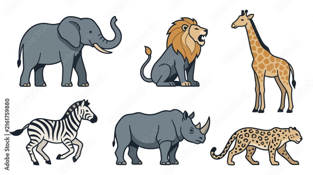 Obraz premium Collection of wild safari animals including elephant lion giraffe zebra rhinoceros and leopard in a cartoon style