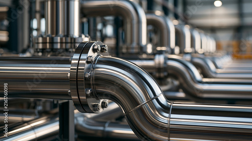 Shiny stainless steel pipes with flanges line an industrial facility. Ideal for oil, gas, or chemical engineering themes.