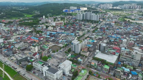 Aerial Drone View of Han River Waterfront and Cityscape in Yeoju, Gyeonggi-do, South Korea