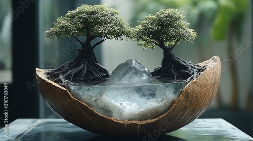 Miniature bonsai landscape in coconut bowl
