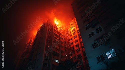 Intense residential apartment building engulfed in massive flames and dark thick smoke during a dramatic night time emergency fire event