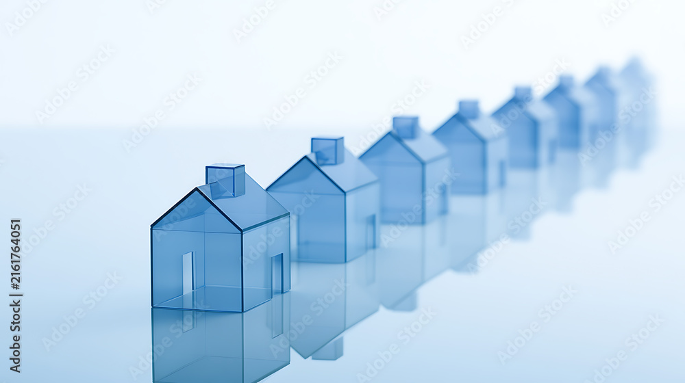 Fototapeta premium Row of Blue Translucent House Models Reflecting on a Smooth Surface Against a Soft, Bright Background, Real Estate Concept