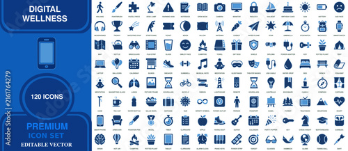 Digital wellness and healthy lifestyle vector icon set with one hundred twenty mindfulness symbols and smartphone elements in blue design wellness lifestyle mindfulness smartphone wellbeing