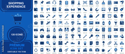 Shopping experience premium icon set with retail and e-commerce symbols shopping experience ecommerce purchase discount delivery shipping customer commerce clothing supermarket selection