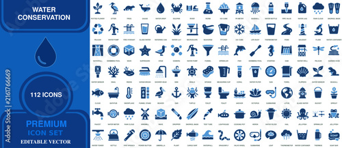 Water conservation premium icon set editable vector featuring 112 hydrology liquid eco symbols conservation environment editable hydrology swimming waterfall jellyfish lifebuoy collection