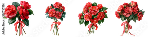 Quadro su tela Watercolor Vibrant Red Camellia Bouquet Tied with Red Bow – Classic Romantic Flo