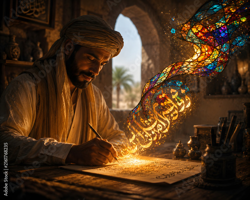 Arabic Calligraphy Transforming Into Glowing Stained Glass Script