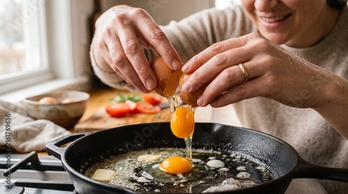 A person cracks an egg into a hot skillet with butter, preparing a delicious breakfast in a home kitchen.
