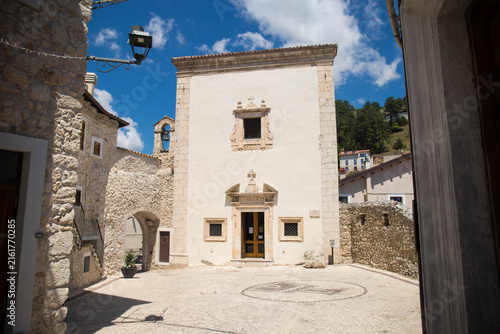 San Rocco church on a sunny day in the charming old village of Castel del Monte, Abruzzo, Italy.