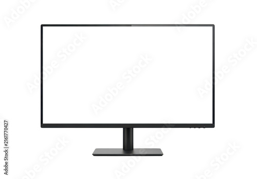 Modern black computer monitor with a blank glowing screen isolated on transparent background