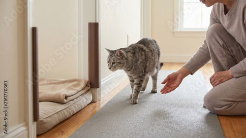 Senior Cat Walking on Non-Slip Runner Toward a Rest Spot at Home
