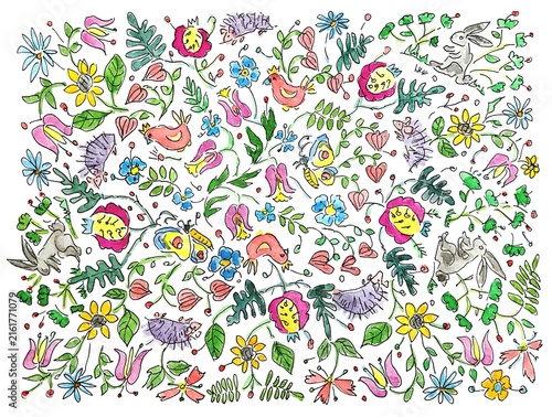 Cute pattern with flowers and animals, watercolor illustration