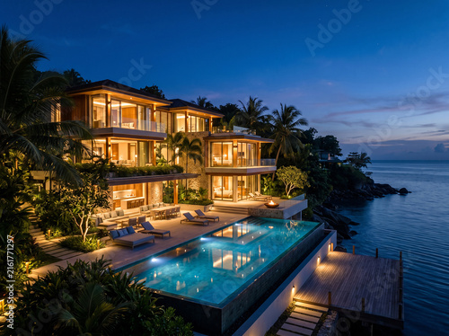 Luxury oceanfront villa with infinity pool at twilight, offering breathtaking views of the sea and surrounding tropical landscape
