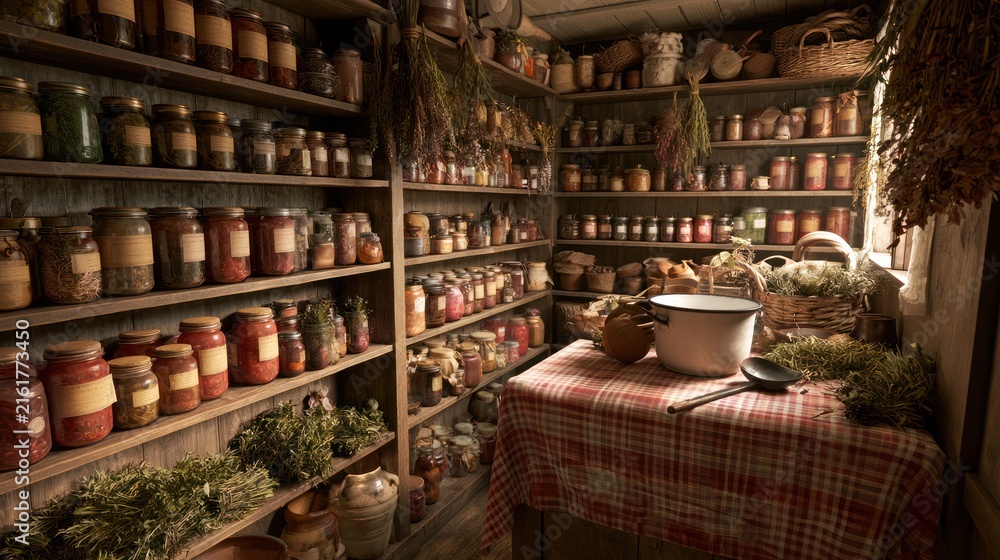 Fototapeta premium Rustic wooden shelves in a cozy pantry filled with various labeled preserve jars and dried herbs.