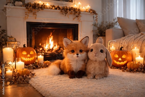 Cute fox and rabbit sitting together on carpet near fireplace with glowing jack o lantern pumpkins. Cozy Halloween home decoration and autumn interior design for seasonal holiday mood