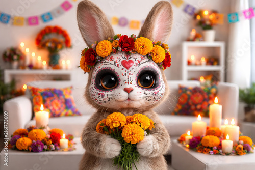 Rabbit with traditional sugar skull face paint and flower crown holding marigold flowers. Celebration of Day of the Dead, festive Mexican holiday tradition, cultural art concept
