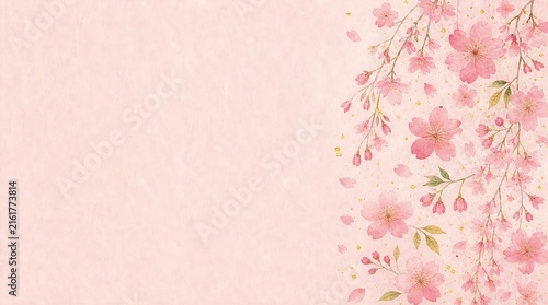 ピンク色の和紙背景に桜の花や枝を右に配したコピースペースのある手描き風水彩和モダンイラスト