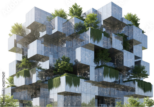 Modern eco friendly building with green trees and blocks isolated on transparent background