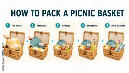 How to pack a picnic basket with steps by woman. Instruction manual for loading wicker hamper with food, drink, blanket, and plate. Guide for preparation of outdoor recreation