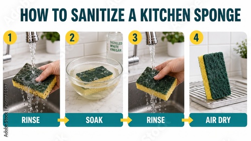 Person cleaning kitchen sponge to control pest and bacteria. Step by step guide on how to sanitize household tools using vinegar and water. Hygiene concept for food safety at home
