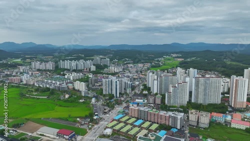 Aerial Drone View of Han River Waterfront and Cityscape in Yeoju, Gyeonggi-do, South Korea