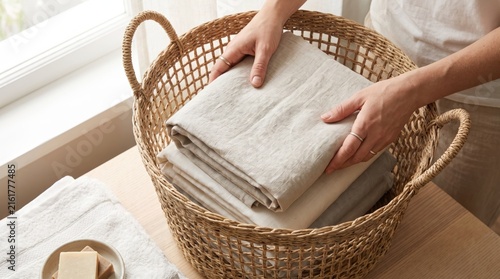Placing folded neutral linen fabrics into a rustic woven storage basket