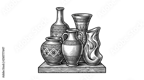 Array of decorative pottery vessels on wooden shelf.