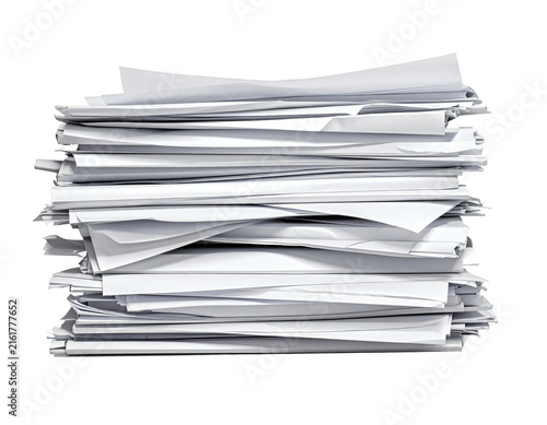 Large stack of white office paper documents organized in a messy pile for this professional studio photograph business concept