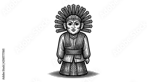 Engraved illustration of a traditional Indonesian doll figurine.