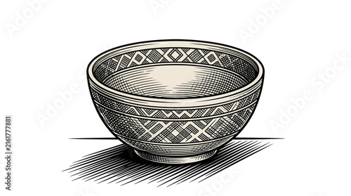 Etched ceramic bowl with geometric border pattern