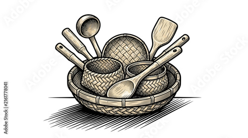 Handcrafted wooden kitchen utensils in woven basket.