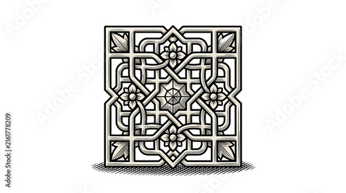 Intricate geometric wood carving square tile pattern
