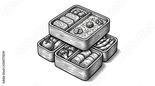 Japanese bento box set with various food compartments.