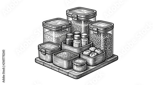 Kitchen storage containers and spice jars on wooden tray.