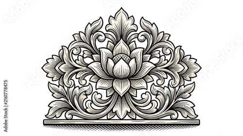 Ornate floral woodcut arch with lotus design.