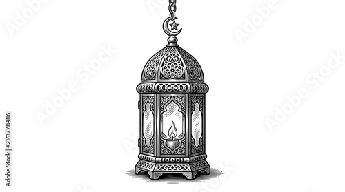 Ornate metal lantern with crescent moon topper.