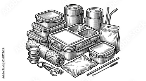 Set of reusable food containers and bento boxes.