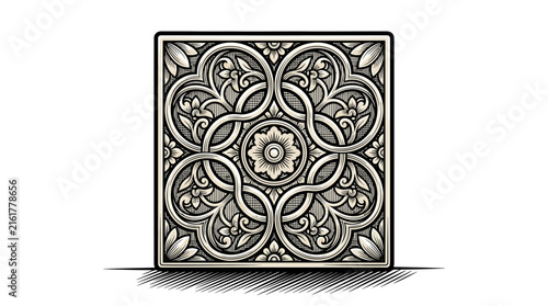 Square floral mandala tile woodcut illustration