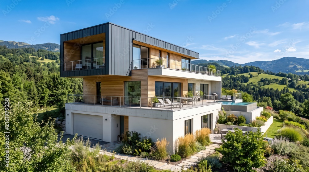 Fototapeta premium Modern luxury house in the mountains on a sunny day
