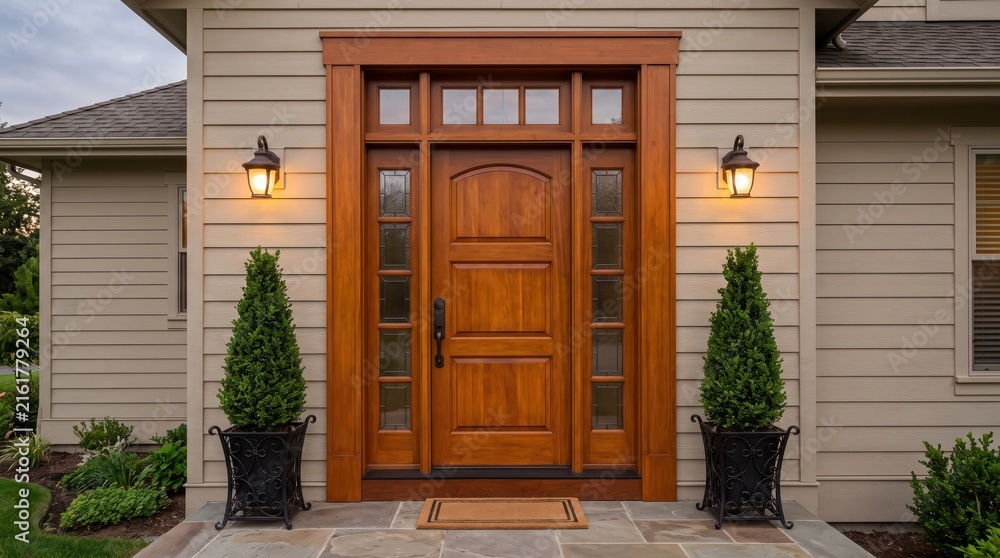 Fototapeta premium Classic wooden front door of a suburban house with lamps