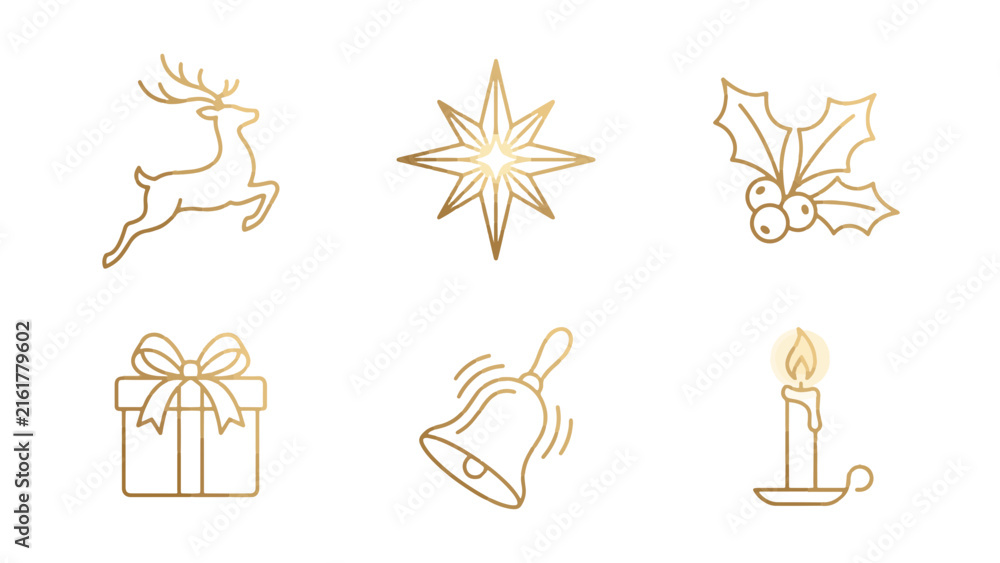 Obraz premium Minimalist Golden Christmas Vector Icon Set featuring Reindeer Star Holly Gift Bell and Candle Line Art Design