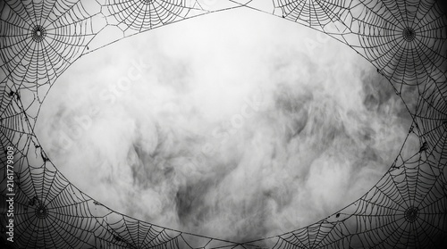Scary spider webs are framing a foggy background in this halloween themed banner