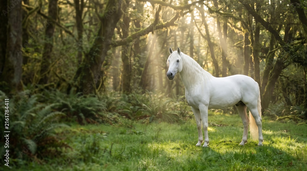 Fototapeta premium White horse standing in forest with golden sunlight