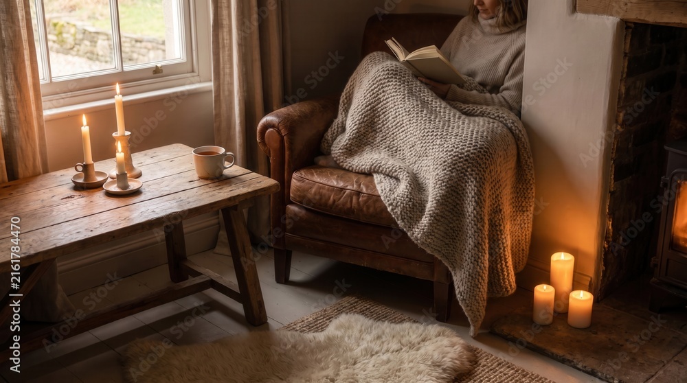 Fototapeta premium Cozy Woman Reading Book in Armchair by Fireplace. Concept of hygge atmosphere, winter mood, cozy interior, cozy sweater.