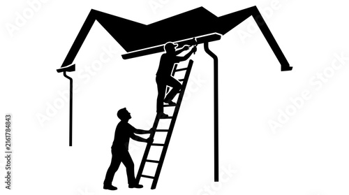 Black silhouette vector illustration of workers cleaning house roof gutter system