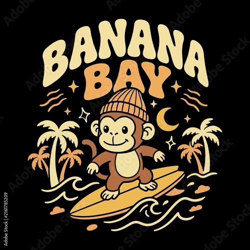 Canvas Print Vintage Banana Bay surfing monkey retro beach graphic design.