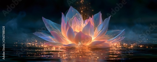 Lotus flower emitting a warm, ethereal glow and golden sparkles, creating a tranquil, magical atmosphere on dark water