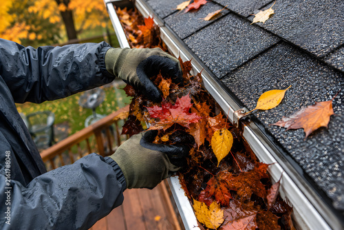 Roof Gutter Cleaning and Leaf Removal by Worker for Home Maintenance Seasonal Repair and Drainage Care