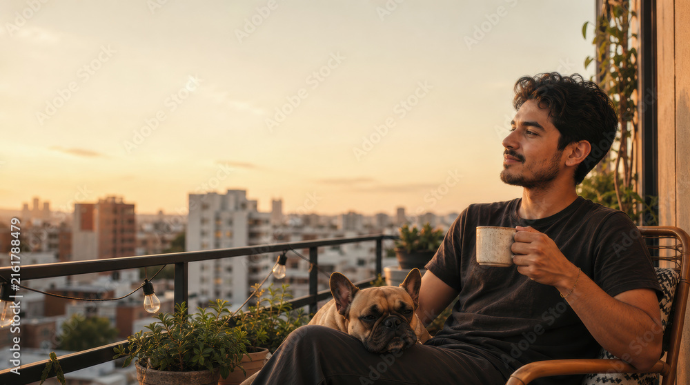 Fototapeta premium Man with french bulldog on balcony at sunset